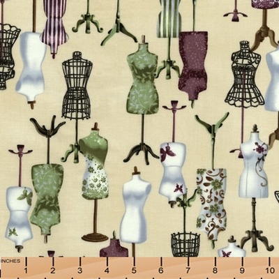 Ткань 100% хлопок - Манекены зеленые на кремовом, 45х55 см