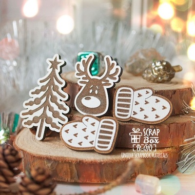 Набір дерев’яних фішок ScrapBox - Нового дня, 4шт. Ялинка з мордкою олені Fl-010