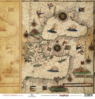 Бумага для скрапбукинга от ScrapBerry's - Сокровища пиратов - Старинная карта, 30,5х30,5 см 190 гр / м, двусторонняя