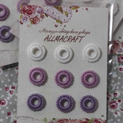 Декоративные вязаные колечки - в наборе от Allmacraft, белый, сиреневый, фиолетовый, 9 шт.
