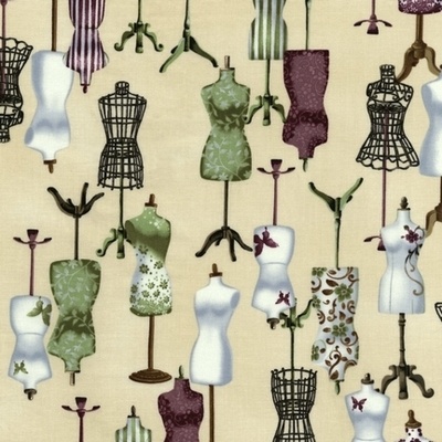 Ткань 100% хлопок - Манекены зеленые на кремовом, 45х55 см