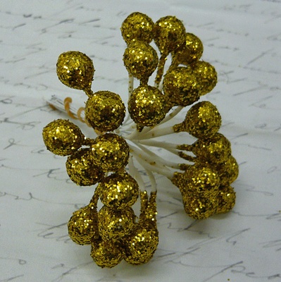 Ягідки Holly з глітером, пластик, колір золото, 6 шт.