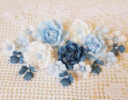 Набір квітів з тканини(18 шт.,  2,5 см - 5 см), блакитно-синій