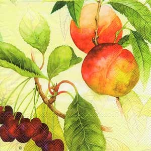 Серветка для декупажу "персики і вишні на гілках", колір фону: кремовий, розмір: 33x33 см