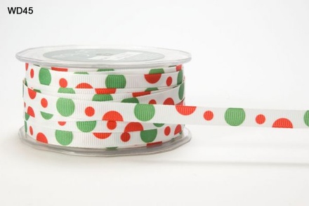 Стрічка Grosgrain/BUBBLE DOT, колір White/Red/Green, ширина 9,5мм, довжина 90 см