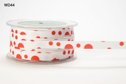 Стрічка Grosgrain/BUBBLE DOT, колір White/Red, ширина 9,5мм, довжина 90 см
