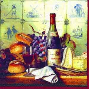 Серветка для декупажу "Вино, виноград, сир, випічка", колір червоний, розмір: 33х33см