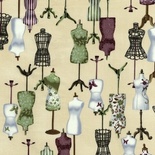 Ткань 100% хлопок - Манекены зеленые на кремовом, 45х55 см