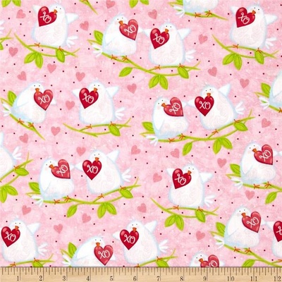 Тканина 100% бавовна - Голуби з сердечками на рожевому, 45x55см