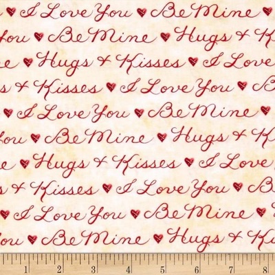 Тканина 100% бавовна - написи про любов червоні на кремовому, 45x55см