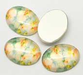 Скляний овальний кабашон 4смx3см з орнаментом "Квіти", 1 бл.