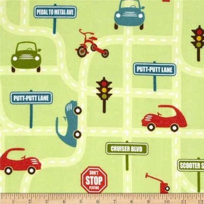 Тканина 100% бавовна, фланель - Машинка на дорозі на зеленому фоні, 45x55см