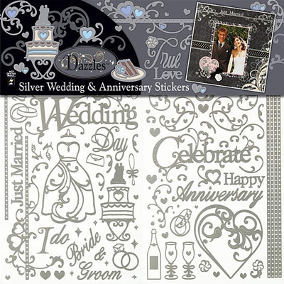 Набір наліпок - висічок HOTP - Wedding & Anniversary Scrapbooking Dazzles Silver, 3 аркуші розміром 15х22,5см, 138 штук