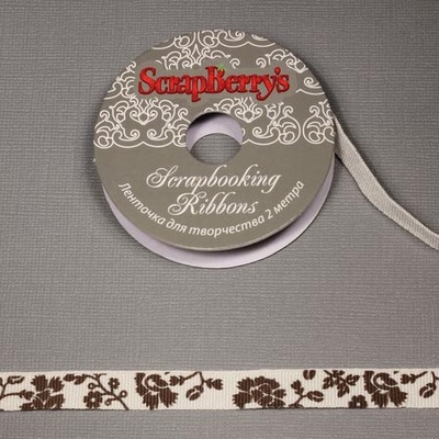 Ленточка з коричневим принтом 1см, біла, 2м