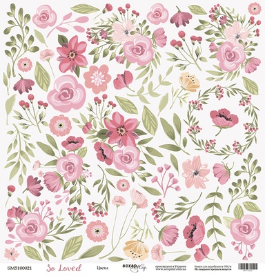 Аркуш одностороннього паперу для вирізання від Scrapmir - Квіти - So Loved, 30x30 см