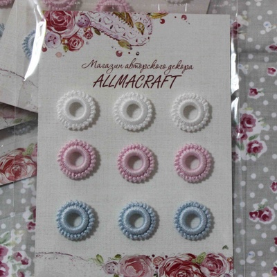 Декоративные вязаные колечки - в наборе от Allmacraft, белый, розовый, голубой, 9 шт.