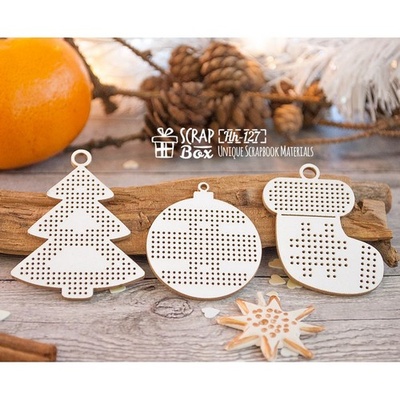 Чипборд ScrapBox - Набір для вишивки з 3-х ялинкових прикрас Hh-127