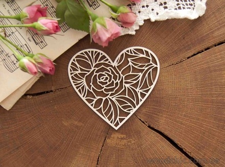 Чипборд от WOODchic - Сердце с розой, 7х7.6 см