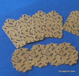 Набір тегів з крафту-картону з принтом "Шкільні приналежності", 300 г/м², 10 штук, 85x45м і 55x45м