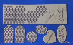 Набір тегів з щільного крафту-картону з принтом "Дамаск", товщина 1,3мм, 12 штук
