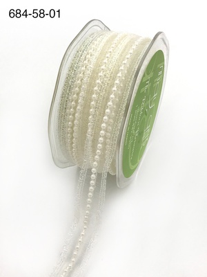 Мереживо з перлинками - Sheer Lace Trim with Pearl Center Ribbon Scalloped Scalloped Edge, ширина 16мм, довжина 90 см