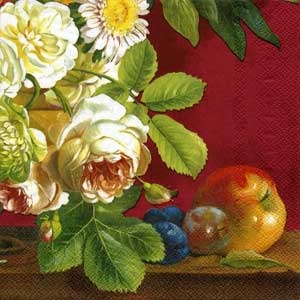 Серветка для декупажу "Натюрморт: троянди, фрукти", колір фону: червоний, розмір: 33x33 см