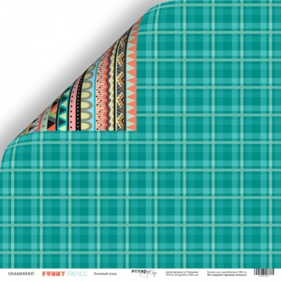 Аркуш двостороннього паперу для скрапбукінгу від Scrapmir - Зелений плед з колекції Funny Friends, 30x30 см