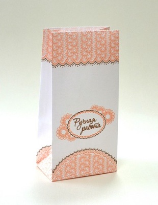 Набір подарункових пакетів від ScrapBerryʼs, колір білийзмалюнком і напис "ручна робота", 190х95х65 мм, 5шт.ук