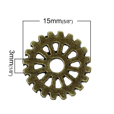 Металлическая шестеренка, цвет античная бронза, диаметр 15 мм, 1 шт.