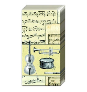 Серветка для декупажу "Музикальні інструменти і ноти", колір фону: кремовий, розмір: 33x33 см