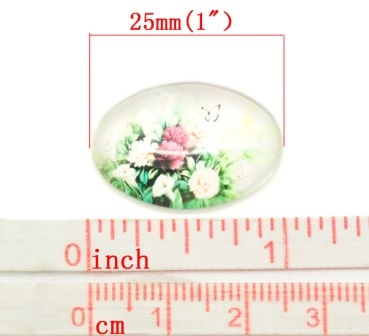 Скляний овальний кабашон 25ммx18мм з орнаментом "Квіти і листя", 1 бл.