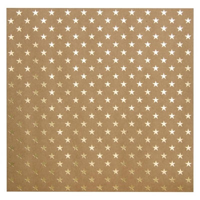 Крафт-картон с золотым тиснением - Звезды - Bazzill Foiled Kraft Cardstock - Gold Stars, размер 30х30, 1 лист