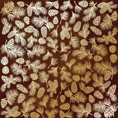 Аркуш одностороннього паперу з фольгуванням, дизайн Golden Pine cones Brown aquarelle, 30,5см х 30,5см, ТМ Фабрика Декору