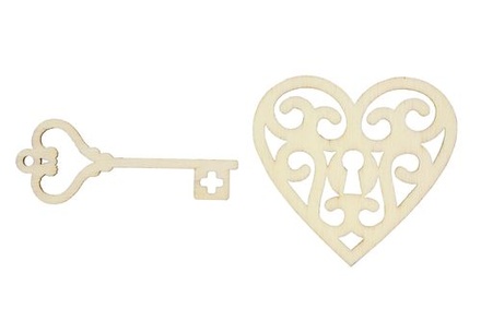 Лазерні вирубки з дерева від ScrapBerryʼs - Ключик, 5см до серця, 4см (уп. 2 шт.).