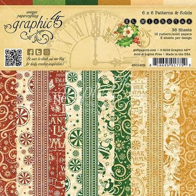 Набор скрапбумаги Graphic 45 - St Nicholas - Patterns and Solids Pad, 15х15 см, двусторонняя, 12 листов