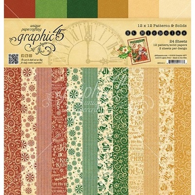 Набір скрап-паперу Graphic 45 - St Nicholas - Patterns and Solids Pad, 30x30 см, двосторонній, 12 аркушів