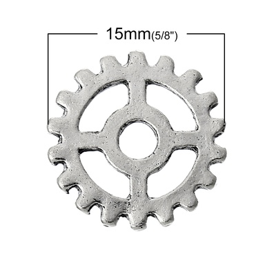 Металлическая шестеренка, цвет античное серебро, диаметр 15 мм, 1 шт.