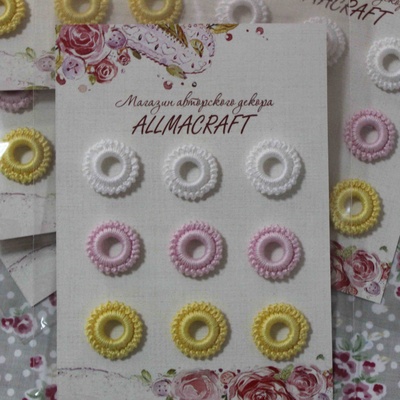 Декоративные вязаные колечки - в наборе от Allmacraft, белый, розовый, желтый, 9 шт.